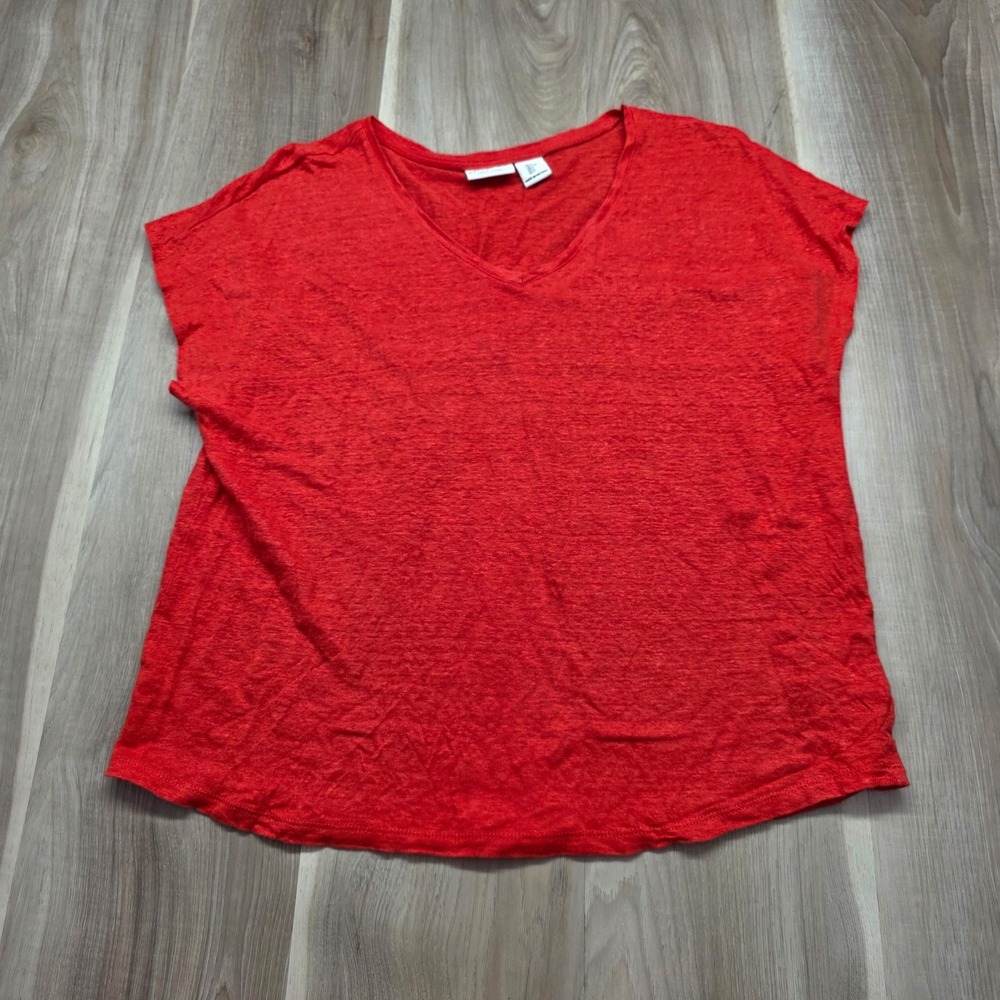 Rachel Zoe 100% Linen T-Shirt V-Neck Short Sleeve Relaxed Fit Top L Red Womens